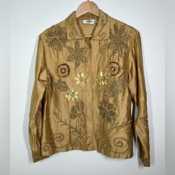 Sandy Starkman 100% Silk Gold Embellished Button Down Shirt  Size Petite Medium - Picture 1 of 6